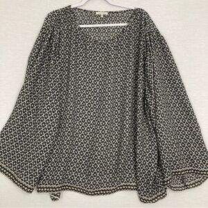 Max Studio Black Brown Boho Geometric Print Flare Sleeve Pullover Top 3X